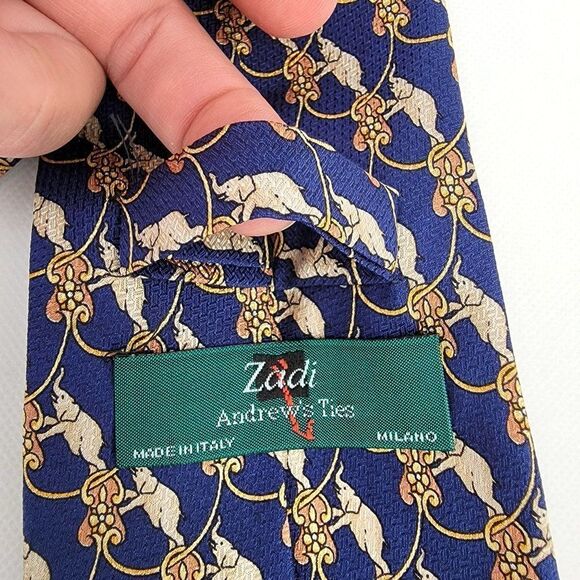 Zadi / Andrews Tie All Silk Elephant Blue and Gold Mens Tie - Picture 6 of 7